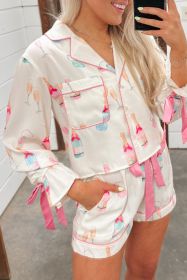 White Christmas Glass Print Bow Knot Two Piece Pajama Set (size: (US 4-6)S)