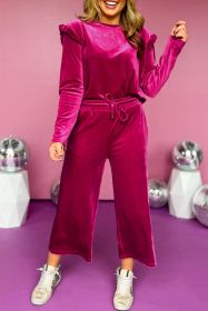 Rose Red Velvet Ruffle Shoulder and Wide Leg Pants Set (size: (US 4-6)S)
