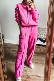 Bright Pink Seamed Zipper Jacket and Drawstring Waist Pants Set (size: (US 4-6)S)