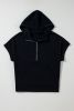 Black Half Zipper Kangaroo Pocket Short Sleeve Hoodie
