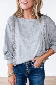 Light Grey Waffle Patchwork Long Sleeve Pullover Top (size: (US 16-18)XL)