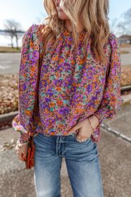 Purple Floral Print Smocked Cuffs Frill Neck Blouse (size: (US 4-6)S)