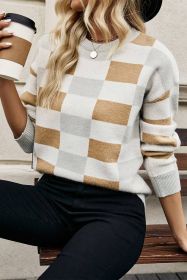 Khaki Checkered Crew Neck Drop Shoulder Knit Sweater (size: (US 16-18)XL)
