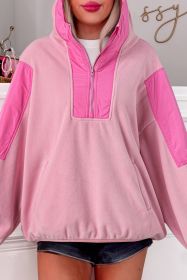 Pink Patchwork Half Zip Oversized Sherpa Hoodie (size: (US 16-18)XL)