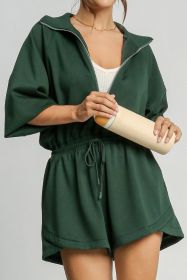 Blackish Green Solid Zip-up Drawstring Romper (size: (US 16-18)XL)