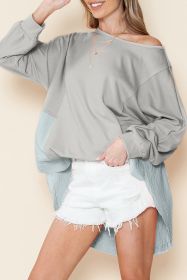 Grey Crinkled Patchwork Raw Hem Oversized Top (size: (US 16-18)XL)