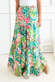 Green Abstract Printed High Waist Tiered Maxi Skirt (size: (US 16-18)XL)