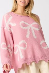 Pink Bow Pattern Pearl Embellished Raw Hem Sweater (size: (US 16-18)XL)