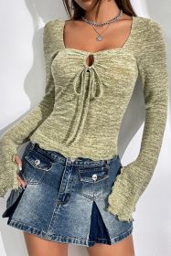 Spinach Green Sweetheart Square Lace Up Knit Top (size: (US 4-6)S)