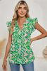 Green Abstract Print Frill Split Neck Ruffle Sleeveless Top
