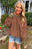 Brown Stripe Round Neck Drop Shoulder Loose Sweater