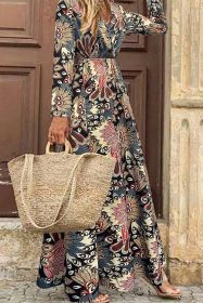 Black Floral Print V Neck Wrap High Waist Maxi Dress (size: (US 8-10)M)