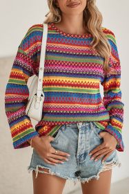 Rose Red Ethnic Wavy Pattern Drop Shoulder Knit Top (size: (US 4-6)S)