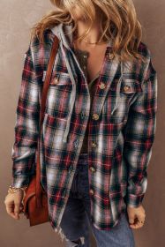 Red Plaid Print Chest Pocket Button Hooded Shacket (size: (US 16-18)XL)