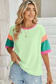 Green Color Block Sleeve Round Neck Oversize Top (size: (US 4-6)S)