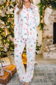 White Christmas Print Lapel Shirt and Pants Pajama Set (size: (US 4-6)S)