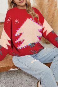 Red Sequin Christmas Tree Fawn Jacquard Thickened Pullover Sweater (size: (US 16-18)XL)