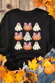 Black  Halloween Bowknot Ghost Pumpkin Graphic Crewneck Sweatshirt (size: (US 4-6)S)