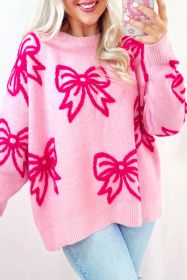 Pink Bow Pattern Drop Sleeve Loose Sweater (size: (US 16-18)XL)