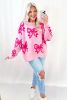 Pink Bow Pattern Drop Sleeve Loose Sweater