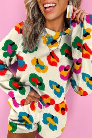 Apricot Abstract Flower Print Long Sleeve Top and Shorts Set (size: (US 16-18)XL)