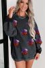 Black Sequined Halloween Pumpkin Ribbed Oversized Graphic Sweatshirt