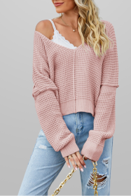 Light Pink Plain Waffle Knit V Neck Sweater (size: (US 16-18)XL)