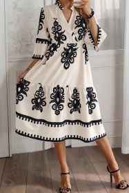 Beige Ethnic Geometric Print 3/4 Sleeve Loose Midi Dress (size: (US 16-18)XL)