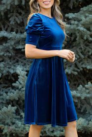 Sail Blue Velvet Ruched Short Sleeve Pocketed Midi Dress (size: (US 16-18)XL)