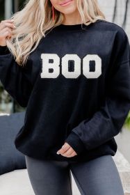 Black Chenille BOO Patched Pattern Crewneck Halloween Graphic Sweatshirt (size: (US 8-10)M)