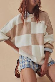 Khaki Checkered Side Slits Drop Shoulder Oversized Sweater (size: (US 4-6)S)