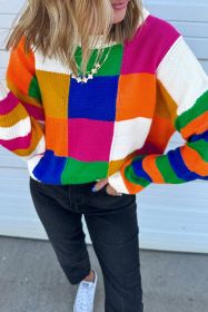 Orange Checkered Color Block Round Neck Loose Sweater (size: (US 16-18)XL)