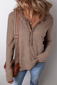 Coffee Button V Neck Waffle Knit Top (size: (US 16-18)XL)