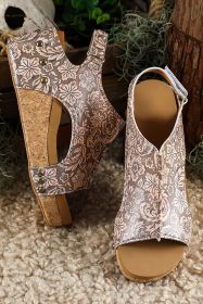 Brown Vintage Floral Leather Rivet Hollowed Platform Sandals (size: (US 8.5)40)