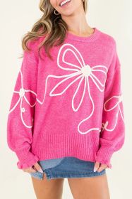 Bright Pink Sweet Bow Pattern Drop Sleeve Knit Sweater (size: (US 16-18)XL)
