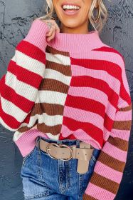 Pink Stripe Color Block High Neck Drop Shoulder Loose Sweater (size: (US 16-18)XL)