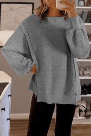 Gray Knit Bishop Sleeve Split Oversized Sweatshirt (size: (US 4-6)S)