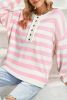 Pink Striped Drop Sleeve Henley Sweater