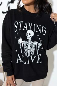 Black STAYING ALIVE Skull Graphic Crewneck Halloween Sweatshirt (size: (US 8-10)M)