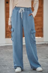Sky Blue Drawstring High Waist Cargo Pocket Wide Leg Jeans (size: (US 16-18)XL)