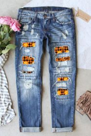 Sky Blue Distressed Checkered Pumpkin Face Patchwork Straight Jeans (size: 14)