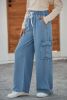Sky Blue Drawstring High Waist Cargo Pocket Wide Leg Jeans