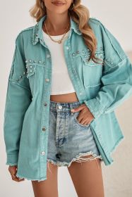 Green Frayed Trim Vintage Rivet Denim Jacket (size: (US 16-18)XL)
