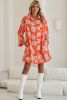 Red Floral Print Lapel Collar Loose Shirt Mini Dress