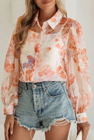 White Floral Print Buttoned Balloon Sleeve Loose Shirt (size: (US 4-6)S)