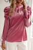 Peach Blossom Mock Keyhole Neck Puff Sleeve Velvet Blouse