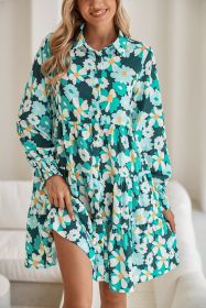 Blackish Green Flower Print Smocked Cuffs Tiered Mini Dress (size: (US 16-18)XL)
