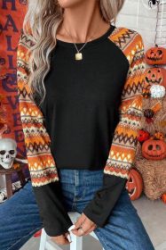 Orange Geo Print Raglan Patchwork Long Sleeve Tee (size: (US 16-18)XL)