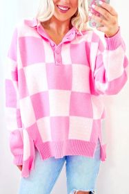 Pink Checkered Button Collared Sweater (size: (US 16-18)XL)