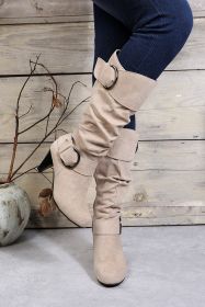 Beige Dual Buckle Strap Side Zip Heeled Mid Calf Boots (size: (US 8)39)